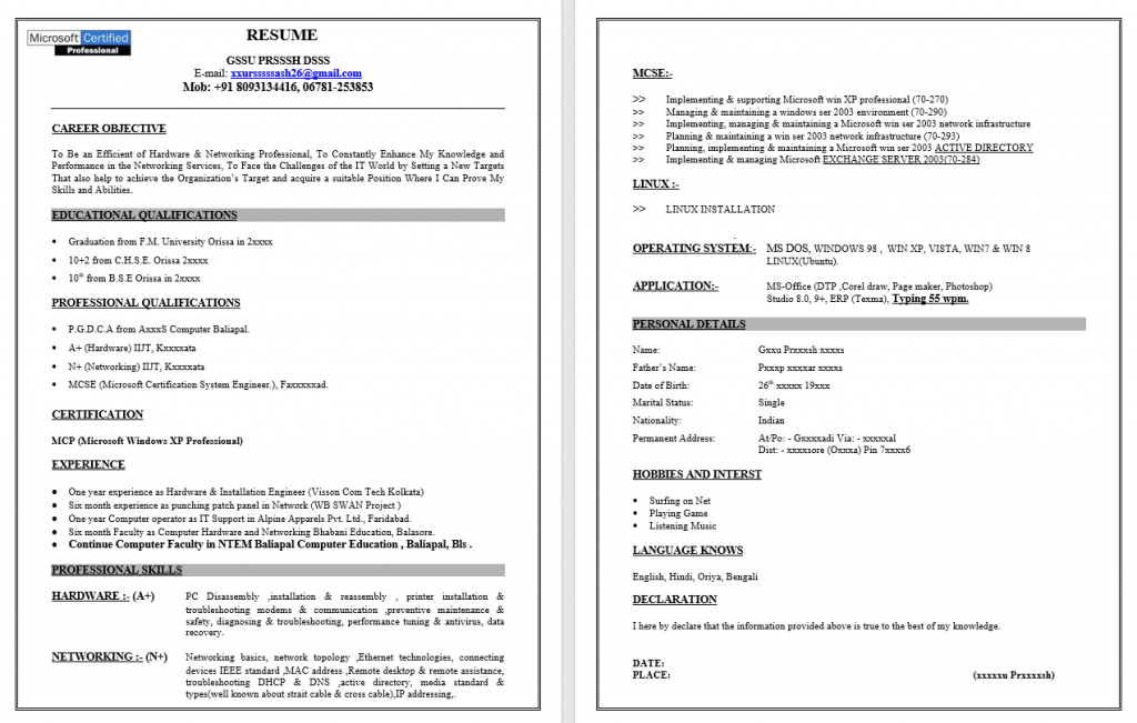 Sample resume format download in Ms Word