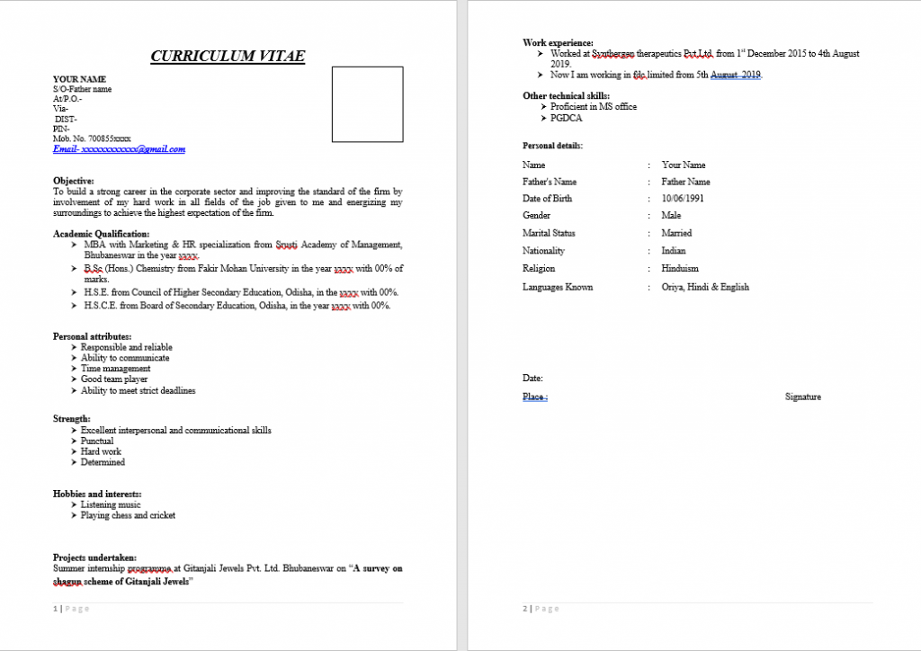 Sample Resume Format Download in MS Word